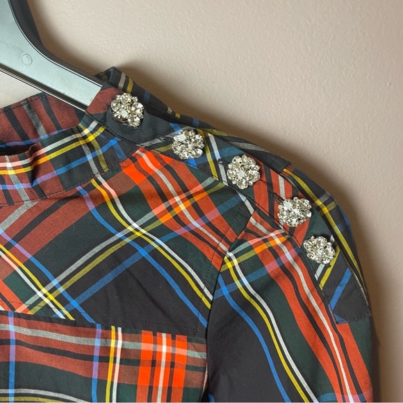 J Crew Jewel Button Tartan Plaid Funnel Top K6797 - Sz 4P - Picture 5 of 12
